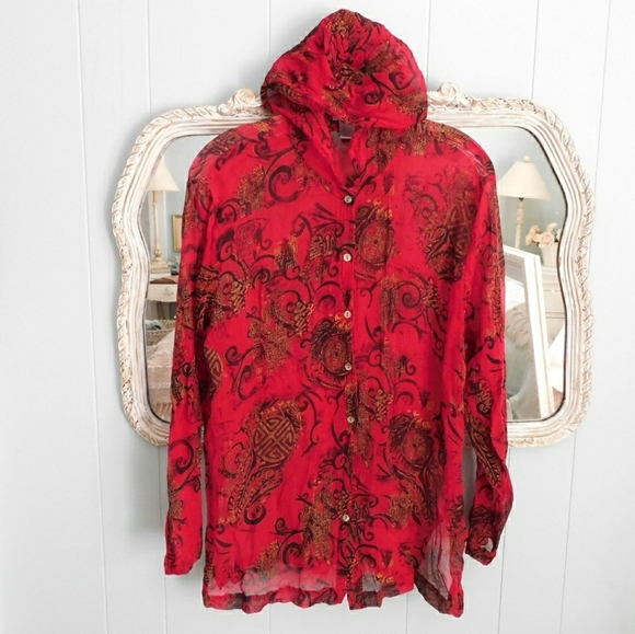 Chico's Tops - CHICO' SEMI SHEER SILK BUTTON HOODED LONG SLV TOP